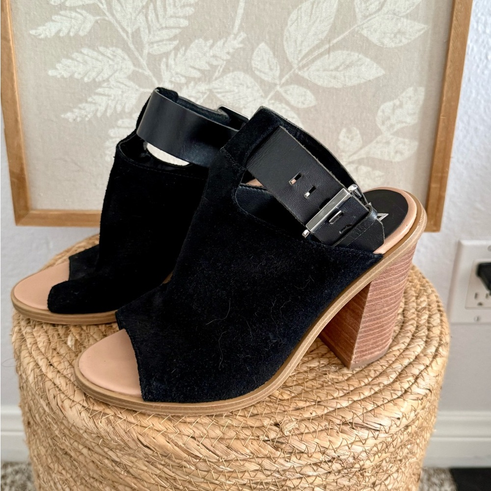 Marc Fisher Black Open-Toe Suede Chunky Block Heels